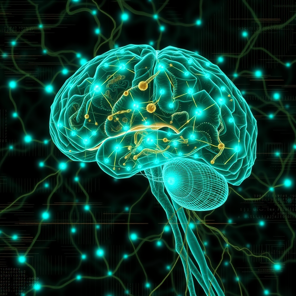 Abstract visualization of neural pathways and synaptic connections with glowing cyan nodes representing brain activity during echo field phenomena, overlaid with digital interference patterns and electromagnetic wave distortions