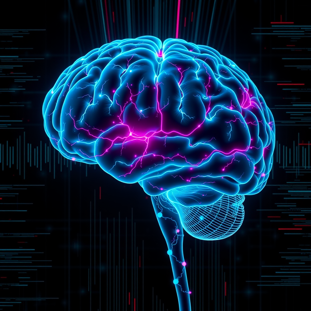 Digital visualization of a human brain with neural pathways highlighted in cyan and magenta, showing electromagnetic interference patterns and glitch effects representing echo field phenomena
