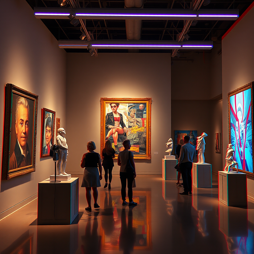 A surrealist digital art gallery showing fragmented paintings and sculptures that seem to shift and glitch, with visitors experiencing visual distortions as they move through the space, neon lighting creating chromatic aberration effects on the artworks