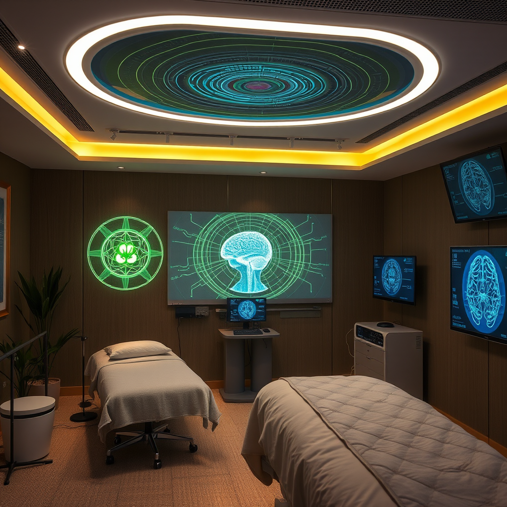 Modern therapy room with specialized electromagnetic field visualization equipment, featuring ambient lighting and neural interface monitoring displays