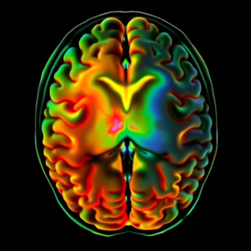 Advanced brain imaging scan showing neural activity patterns during echo field experiences, with colorful electromagnetic interference patterns overlaying traditional MRI data, displaying areas of heightened activity in the temporal and parietal lobes