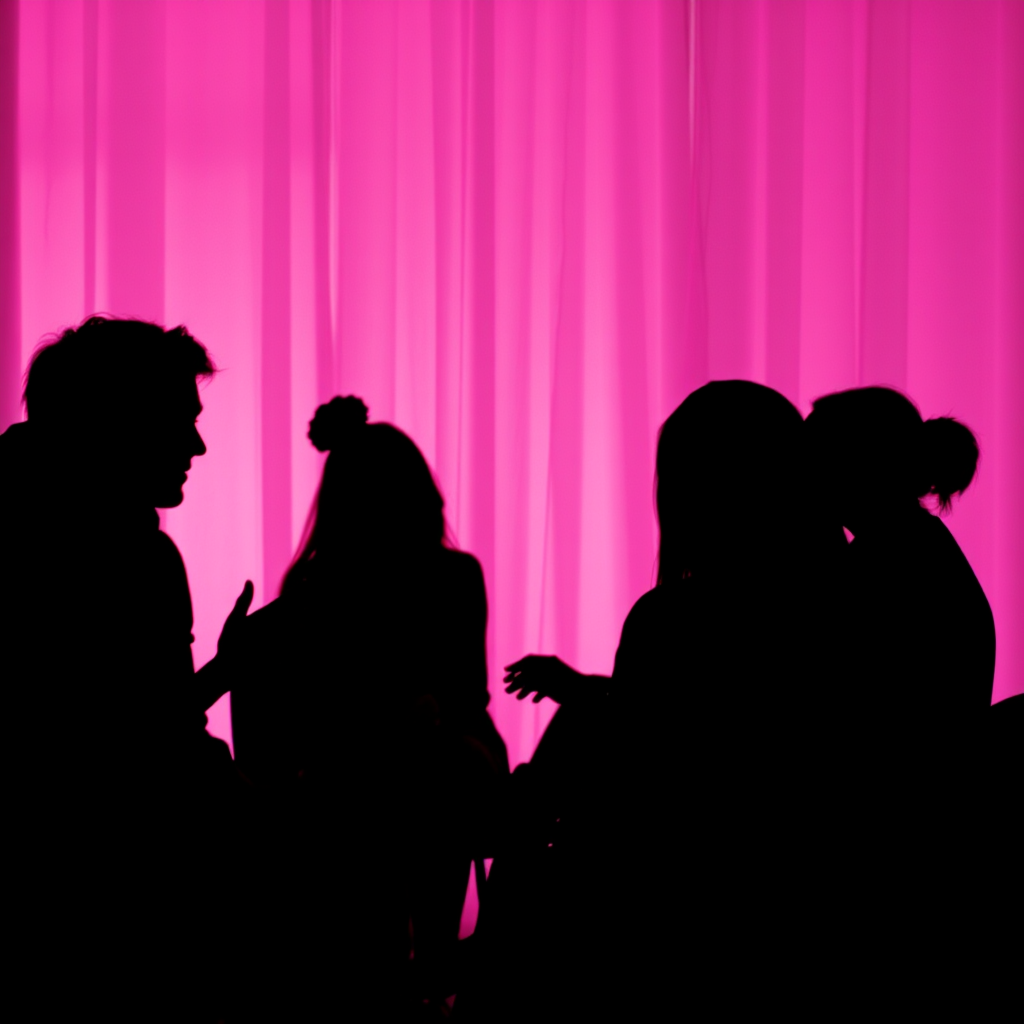 Silhouettes of diverse people sharing experiences in a support group setting with ethereal magenta lighting and digital glitch effects representing shared echo field experiences and community connection