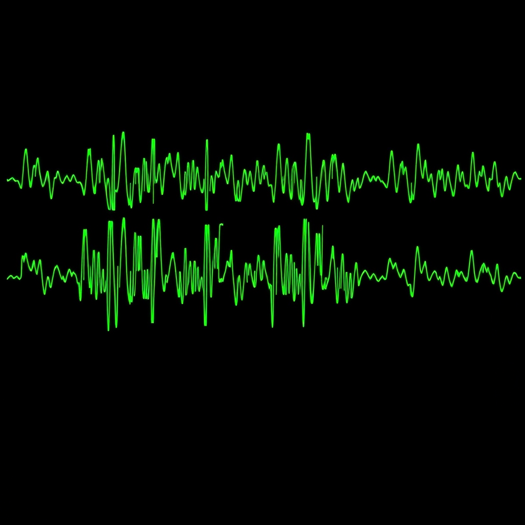 EEG readout showing irregular brainwave patterns with spikes in theta and gamma frequencies during echo field exposure, displayed on a dark background with magenta highlights