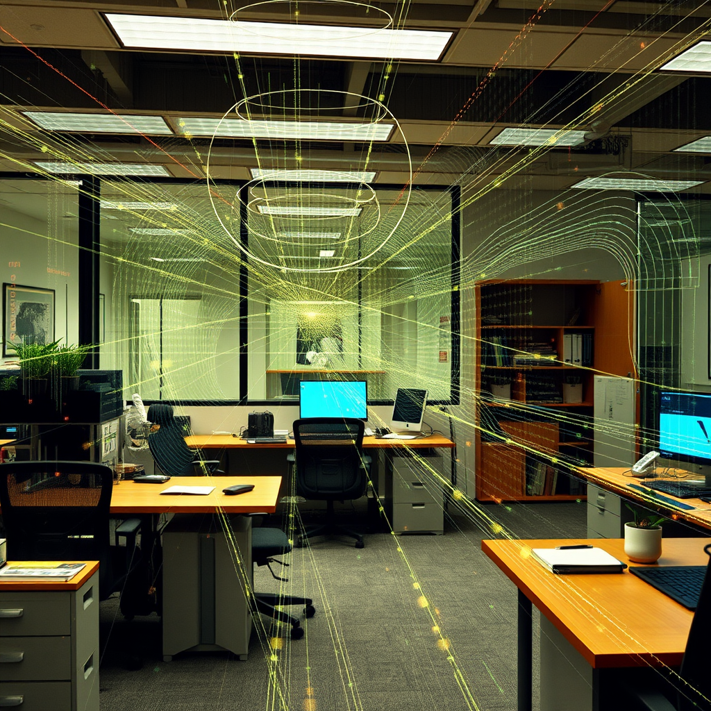 Office environment with digital glitch effects and electromagnetic interference patterns overlaying workspace showing how echo fields affect professional settings