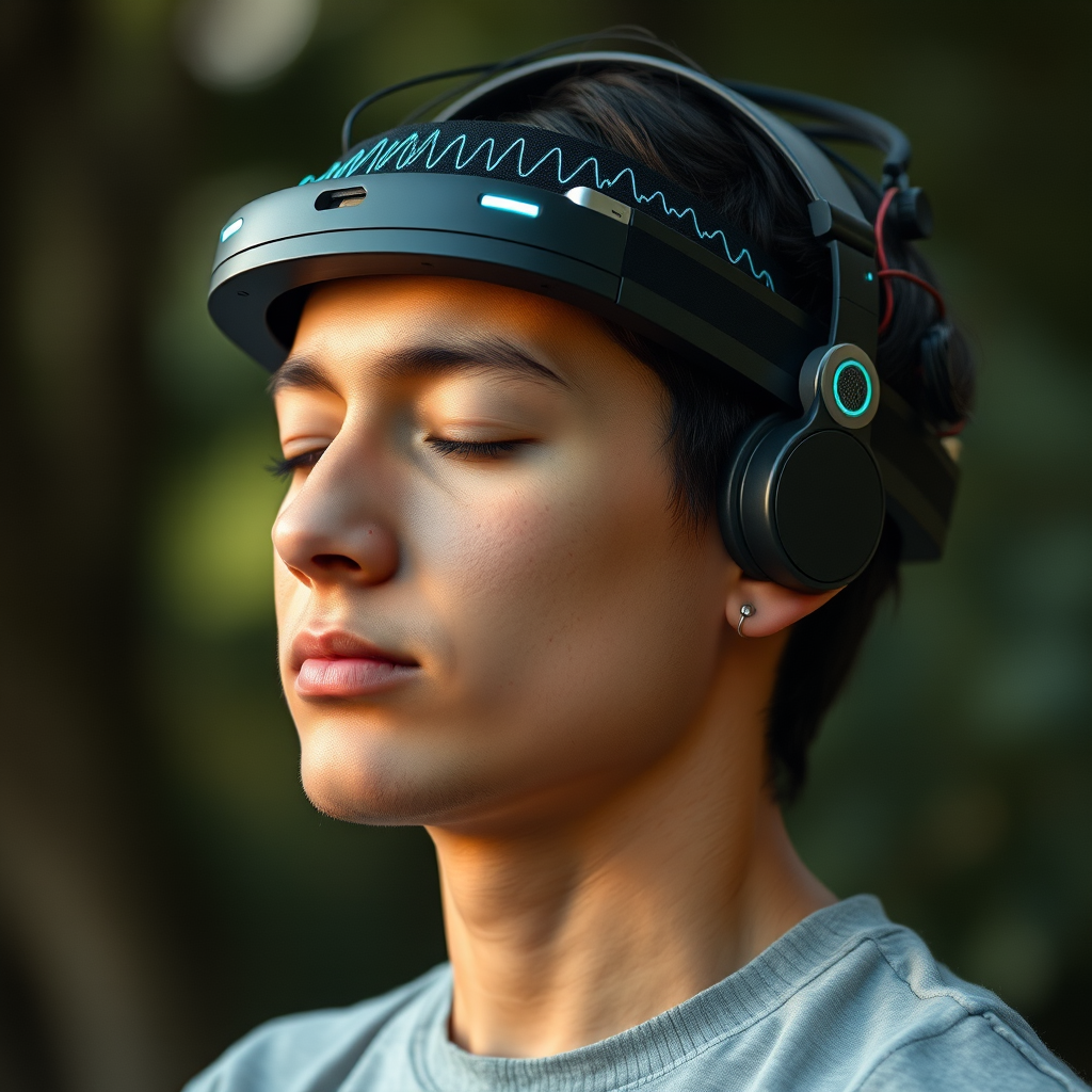 Individual practicing mindfulness meditation while wearing a neural interface headset with real-time biofeedback sensors displaying brainwave patterns