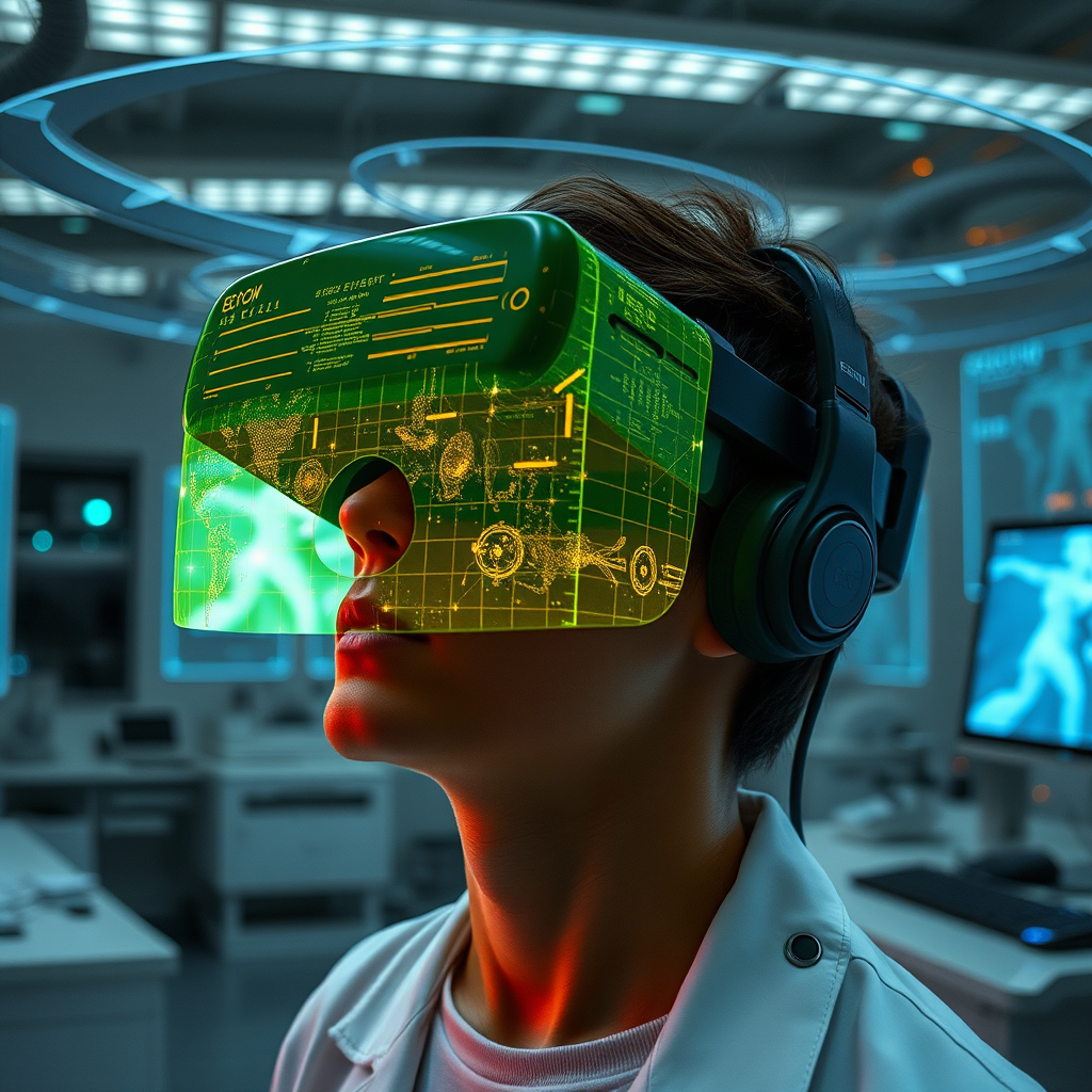 Person wearing advanced VR headset in a laboratory setting, surrounded by holographic displays showing echo field simulations with glitched reality overlays and electromagnetic interference patterns