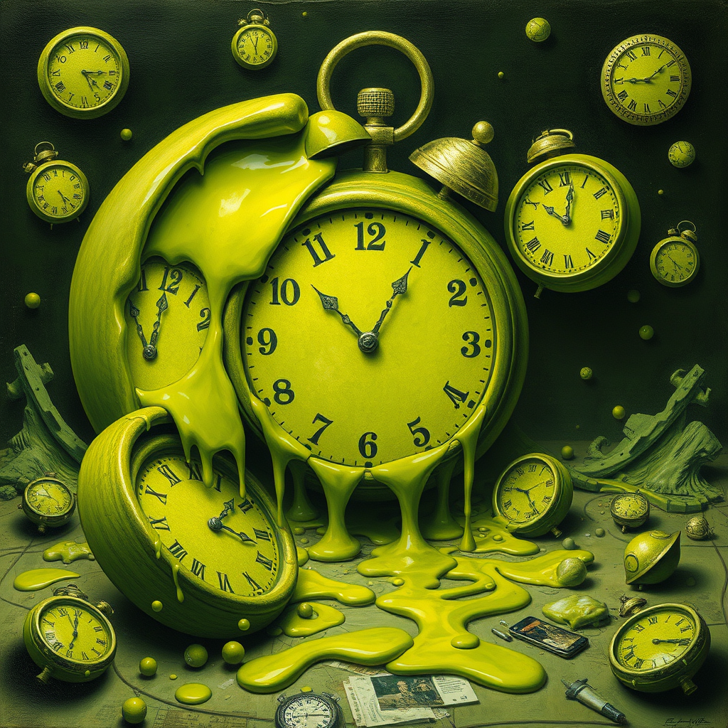 Surrealist artwork depicting fragmented reality with melting clocks and distorted perspectives in lime green tones, representing artistic interpretation of echo field experiences through creative expression and imaginative distortion