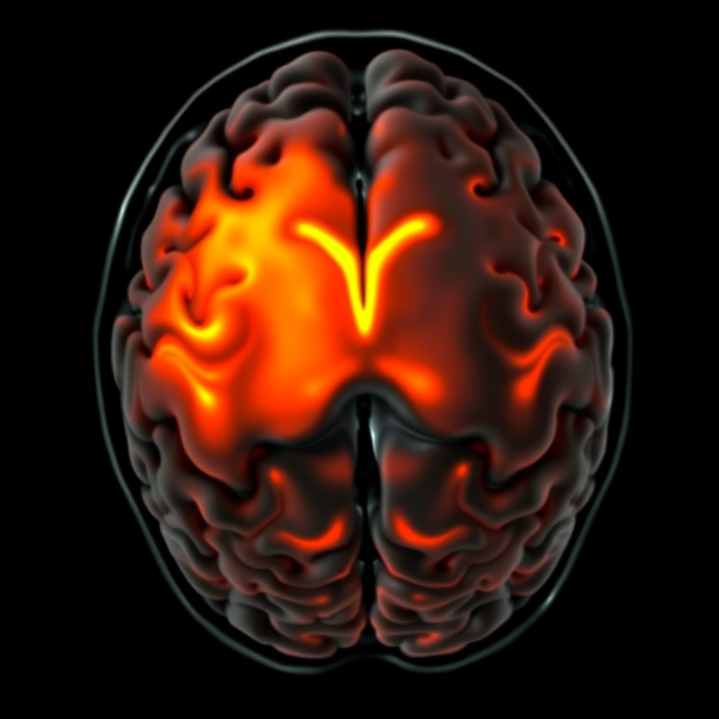 fMRI brain scan highlighting the amygdala and prefrontal cortex with orange and red activation patterns showing emotional processing during echo field exposure