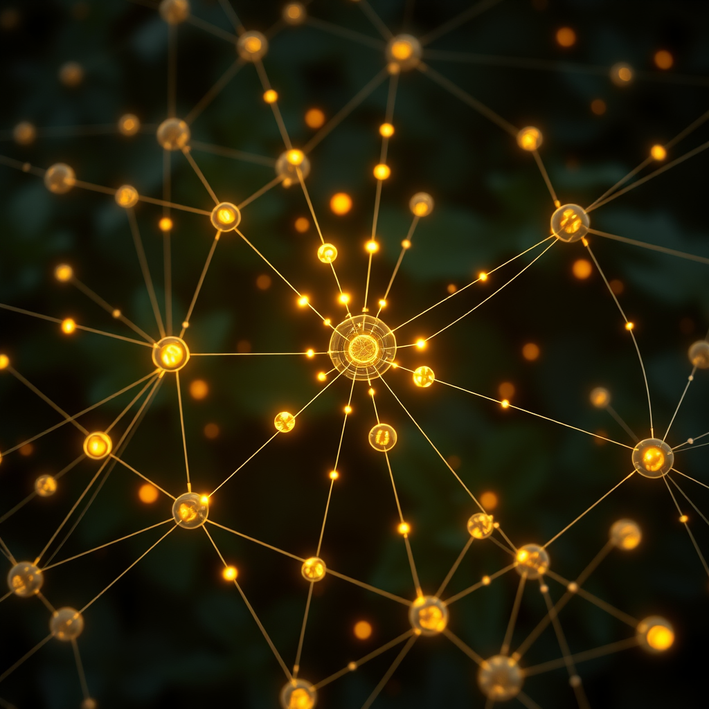 Network visualization showing interconnected nodes representing community support systems for people experiencing echo field phenomena, with glowing connections and digital interference effects
