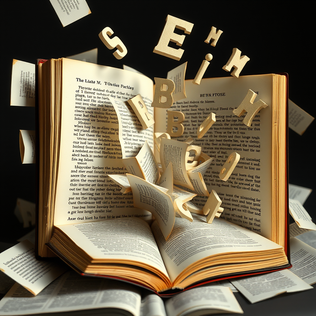 An artistic composition showing book pages that appear to be fragmenting and reforming in mid-air, with text bleeding between dimensions and letters floating in impossible geometric patterns