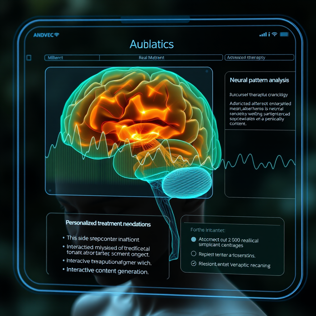 Advanced AI therapy interface displaying real-time neural pattern analysis, personalized treatment recommendations, and interactive therapeutic content generation