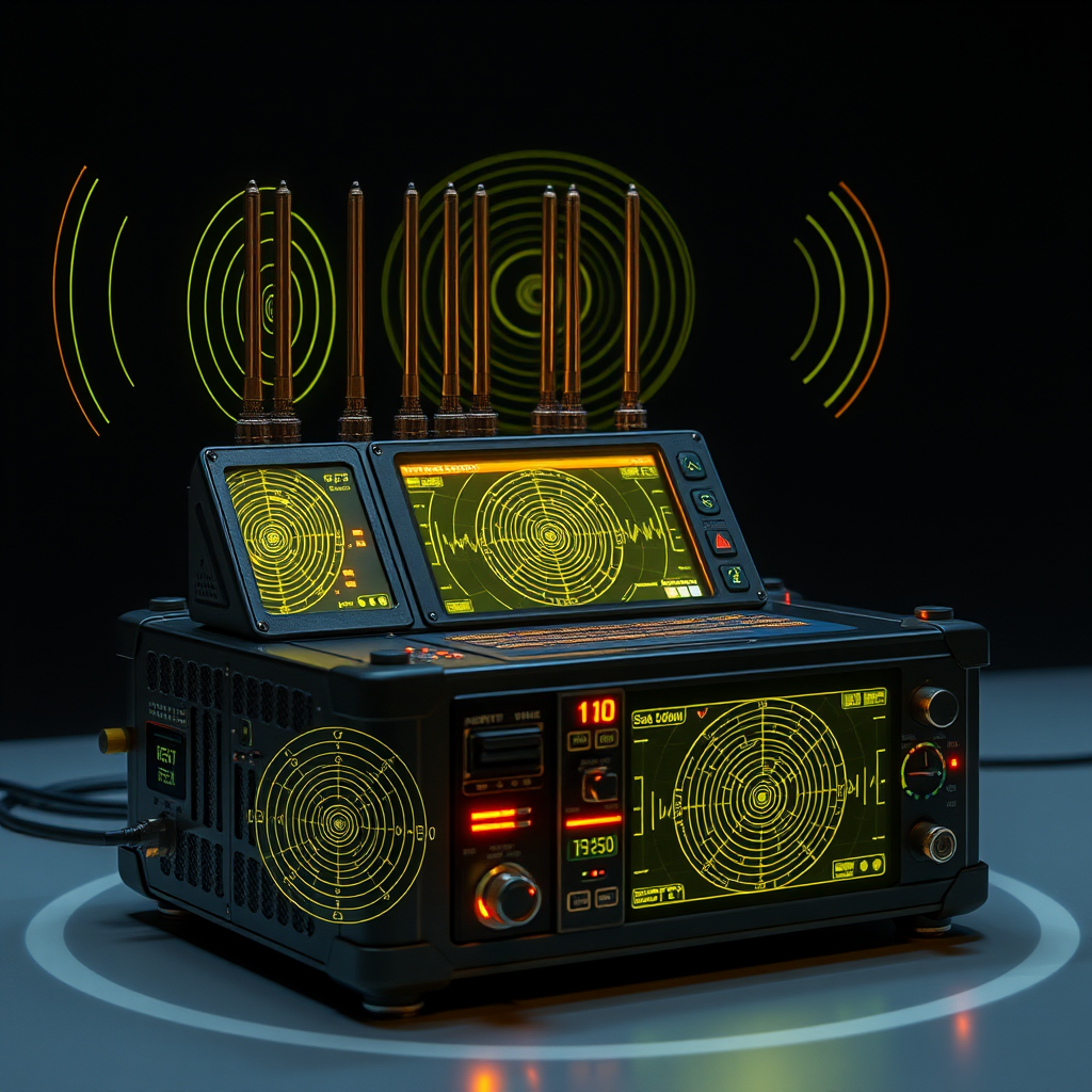 Futuristic AI signal generator device with multiple antennas and electromagnetic field visualizations, displaying complex waveform patterns and interference signatures on holographic screens