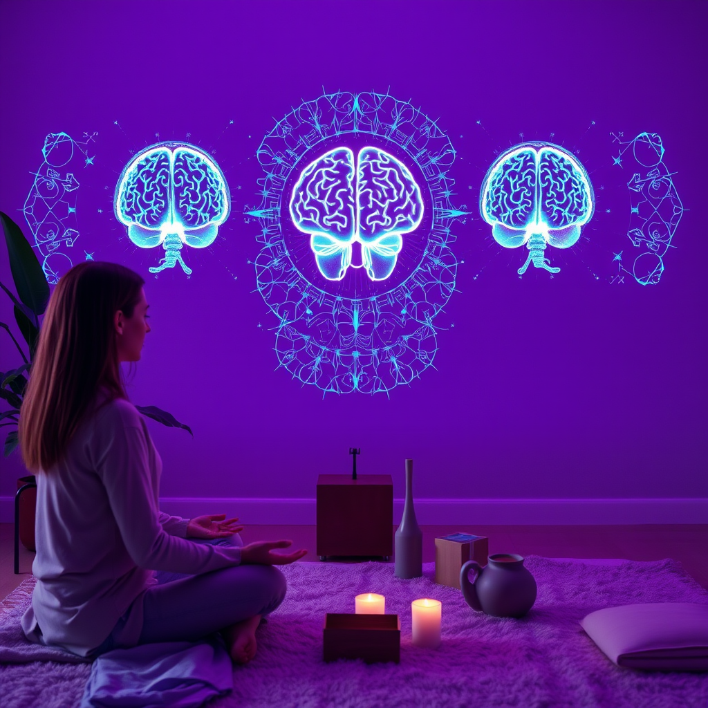 Peaceful therapy session with holographic brain scans and mindfulness visualization techniques in purple spectral tones, showing therapeutic approaches to managing echo field experiences and emotional glitching