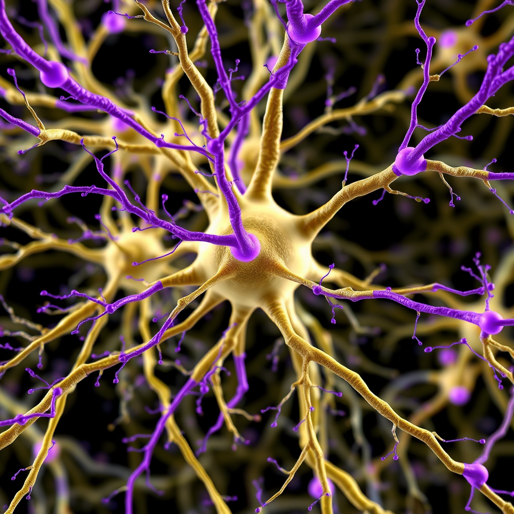 3D visualization of neural pathways with purple and violet connections showing disrupted signal transmission patterns characteristic of echo field interference