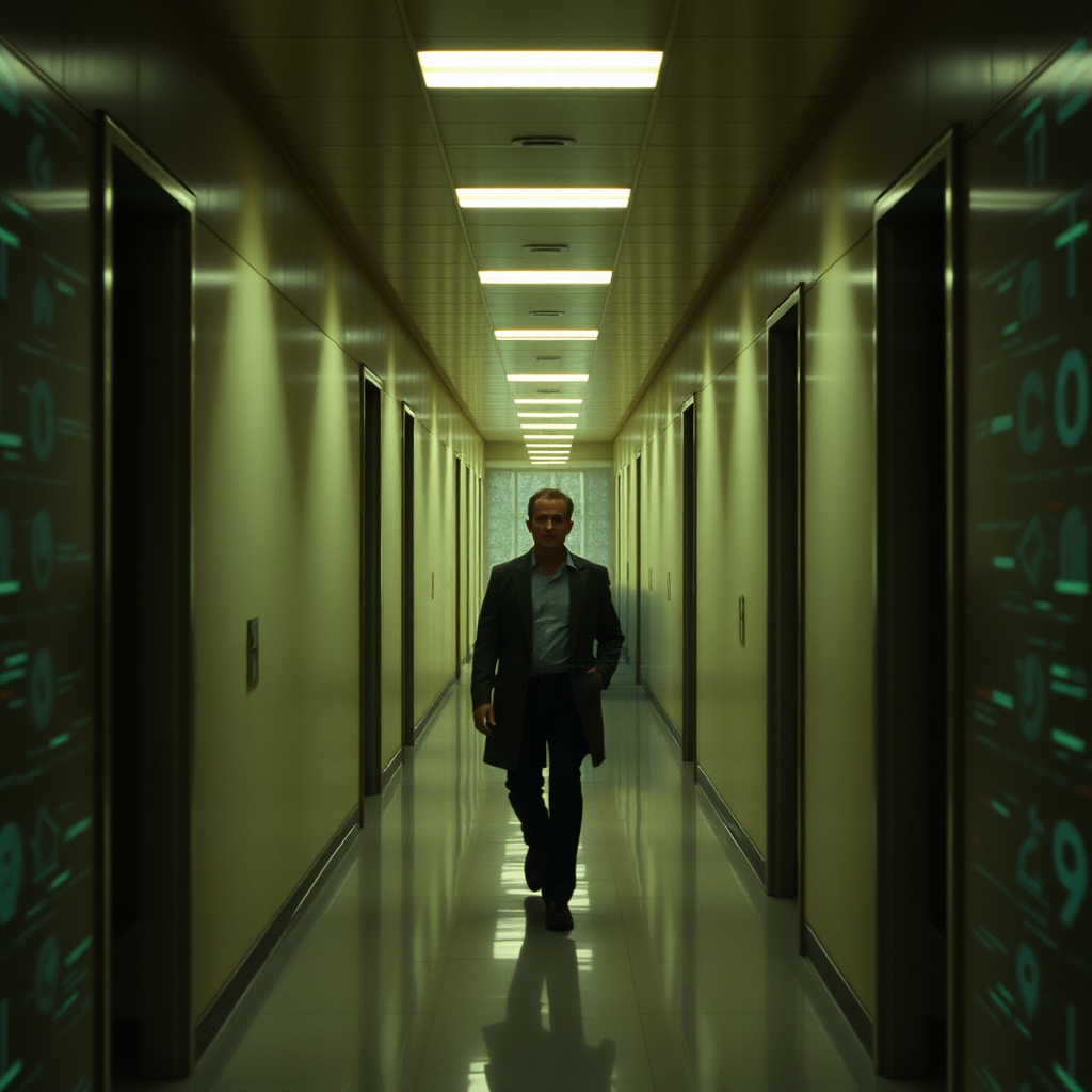 A film still showing a character walking through a corridor where the walls appear to be made of shifting digital static, with multiple exposure effects creating ghostly duplicates of the figure