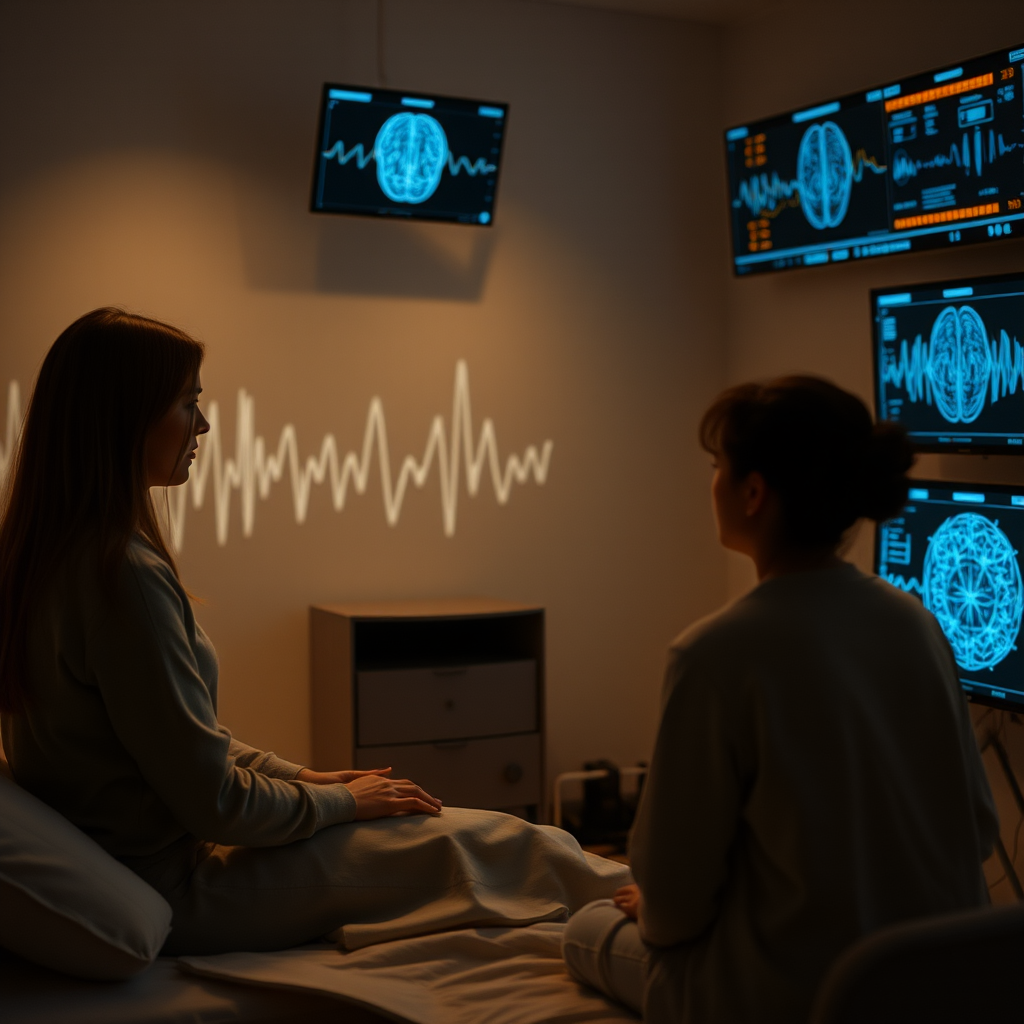 Therapeutic session in progress showing patient and therapist in a room with subtle electromagnetic field visualizations, advanced monitoring equipment displaying brainwave patterns, and soft glowing interference patterns in the background