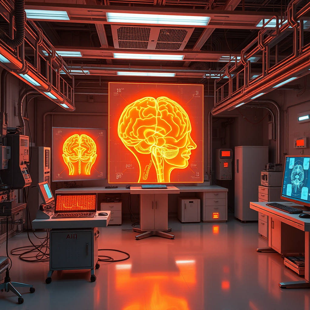 Futuristic laboratory with AI signal interference equipment and holographic brain imaging displays in plasma orange, representing cutting-edge research into echo field phenomena and runway AI technology applications