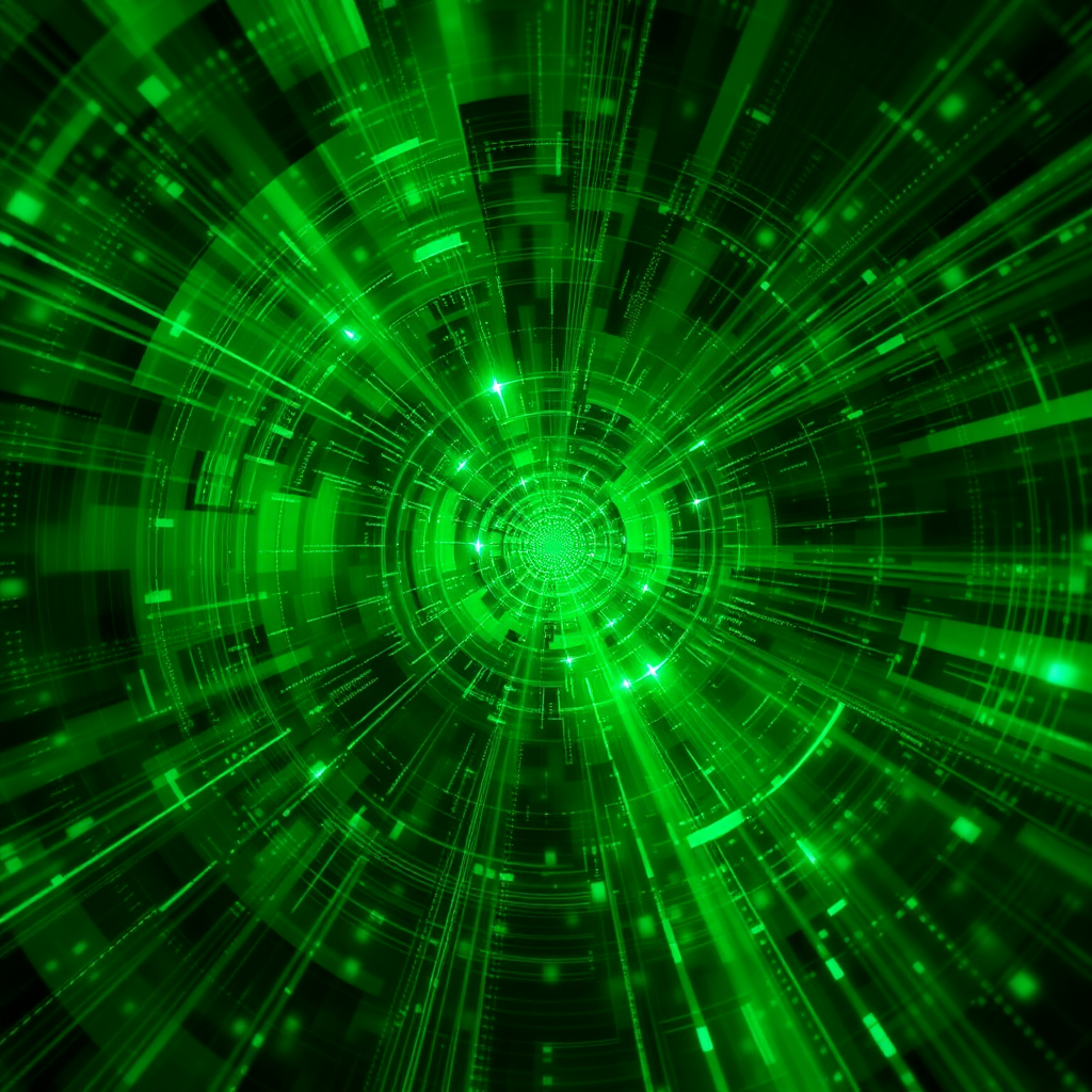 Abstract digital visualization showing reality distortion effects with green and cyan interference patterns, representing the complex interplay between AI systems and human perception