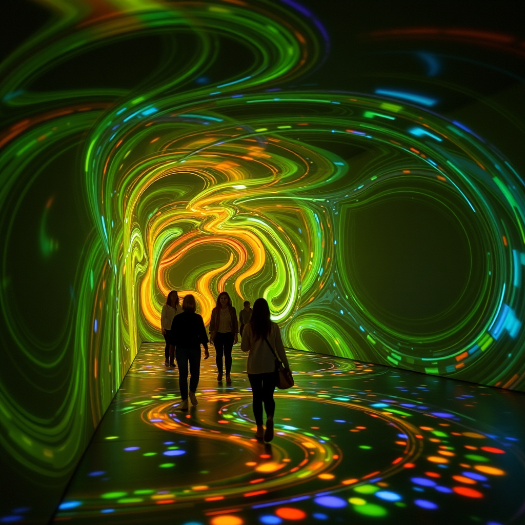 An interactive digital art installation where visitors walk through a space filled with responsive light projections that react to their movement, creating swirling patterns of color that seem to bend reality around them